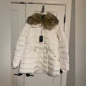 NWT Nine West Long Coat with Fur Hood in Cream Size Large from Nordstrom